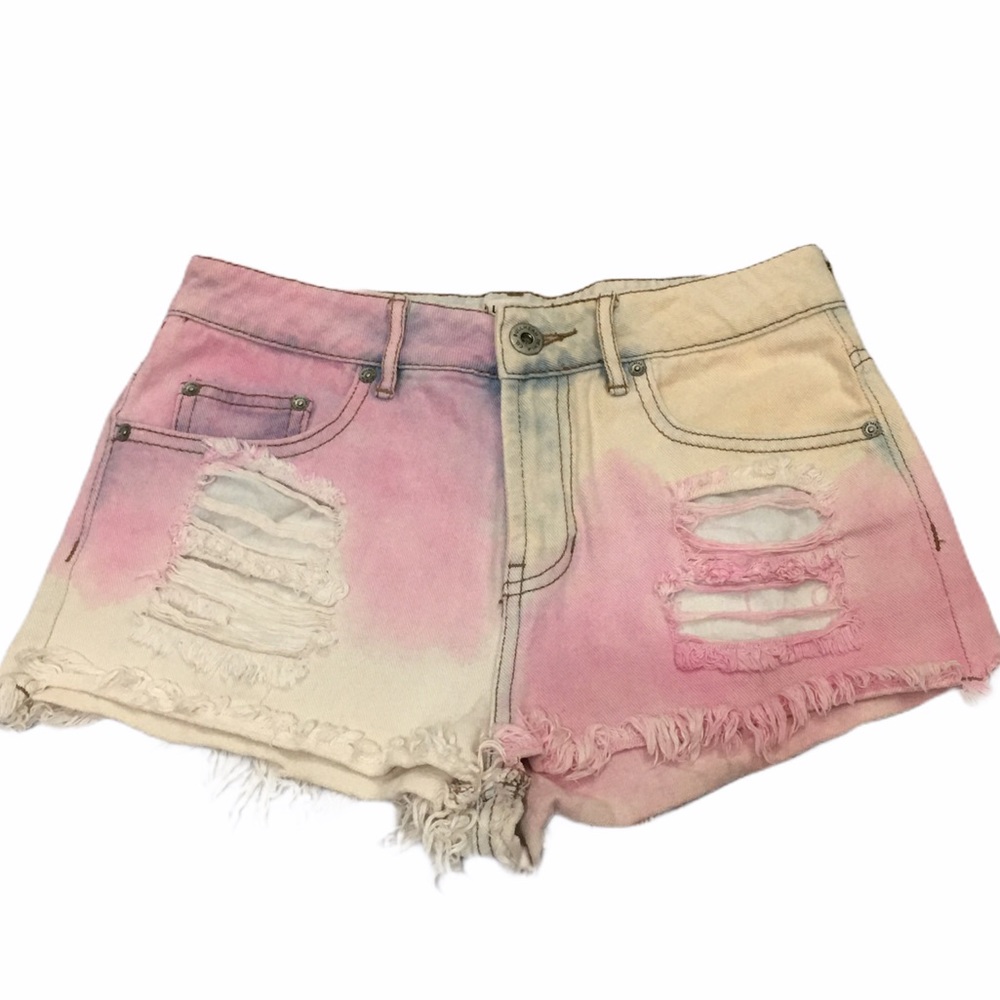 Bullhead Denim Distressed Pink Blue White Tie-Dye Colored Jean Shorts